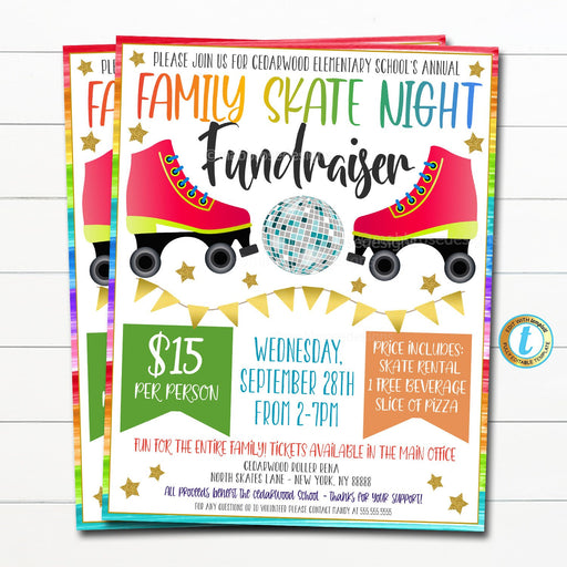 Family Skate Night Flyer, School Fundraiser Community Invite, Roller Skating Fun Family Event, School PTA PTO Printable, Template Editable