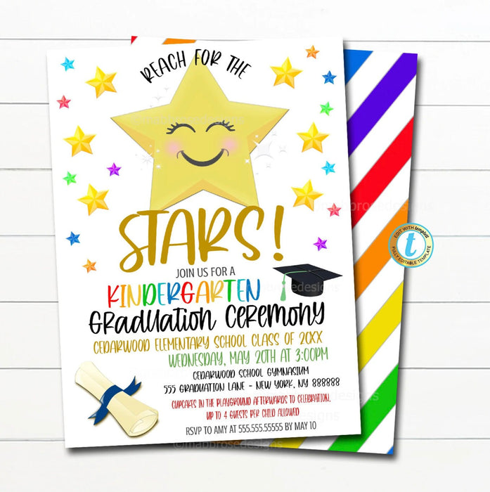 Reach for the Stars Graduation Set, Invite Printable Kindergarten Preschool Any Age Grad School Ceremony Program Diploma, EDITABLE TEMPLATE