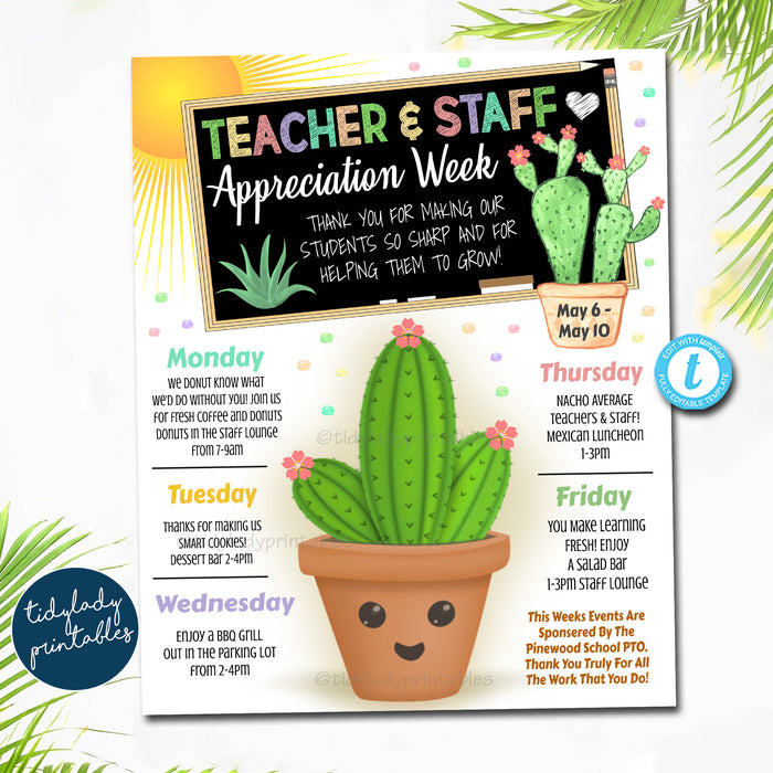 Editable Teacher Appreciation Staff Invitation Family Newsletter, Printable Appreciation Week of Events, Itinerary Calendar Flyer Template