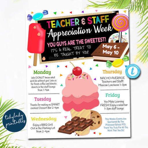 EDITABLE Candy Themed Teacher Appreciation Week Itinerary Sweet to Be Taught By You Appreciation Week Schedule of Events, Printable TEMPLATE