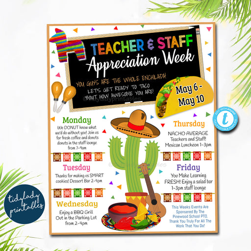 Fiesta Themed Teacher Appreciation Week Itinerary Poster, Nacho Average Appreciation Week Schedule Events, Employee Staff, EDITABLE Template