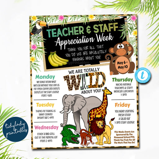 EDITABLE Jungle Teacher Appreciation Week Itinerary, We Are Wild About You, Watercolor Zoo Rainforest Theme Schedule Events, DIY TEMPLATE