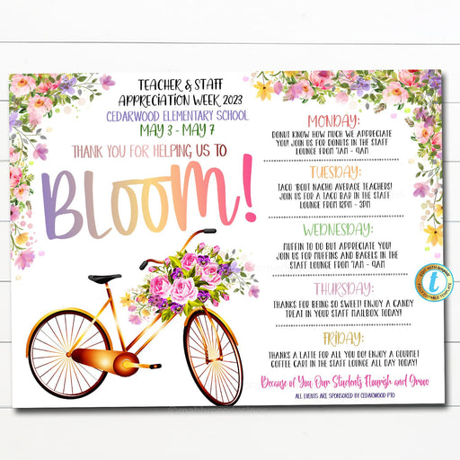 Teacher Appreciation Week Itinerary, Appreciation Bloom Grow Floral Flowers Spring Garden Theme, Schedule Events Printable EDITABLE Template