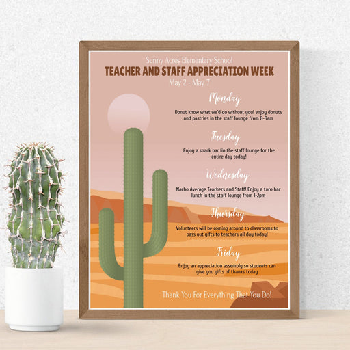 Teacher and staff appreciation week itinerary, weekly schedule of events, Boho Cactus Desert Western theme, Printable Editable Template