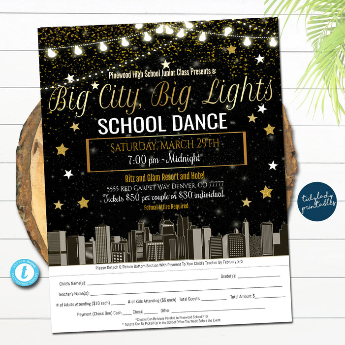 EDITABLE Big City Big Lights School Dance Take Home Sheet, Church Community Event, Under the Stars School Dance, school pto pta, TEMPLATE