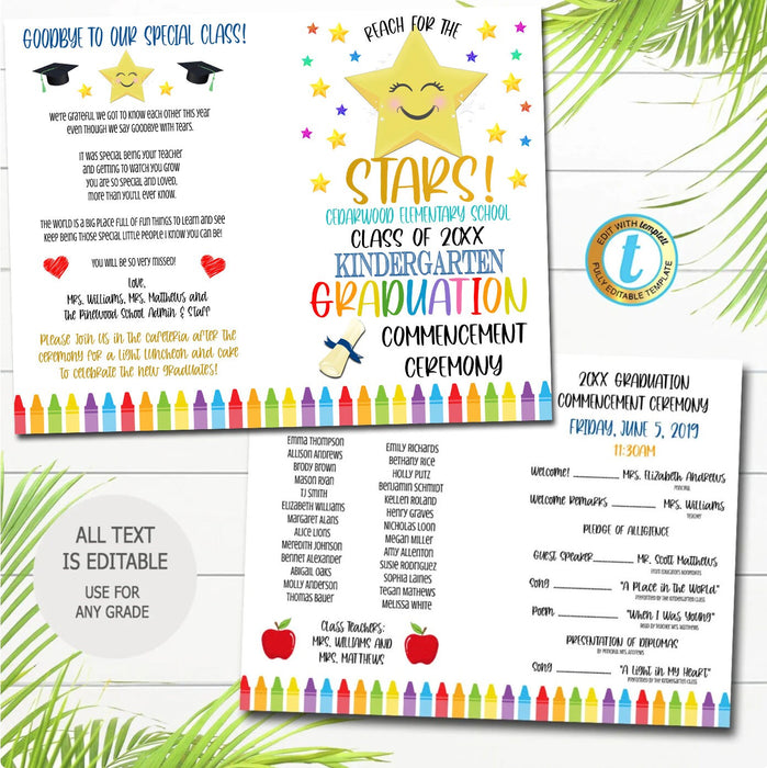 Reach for the Stars Graduation Set, Invite Printable Kindergarten Preschool Any Age Grad School Ceremony Program Diploma, EDITABLE TEMPLATE