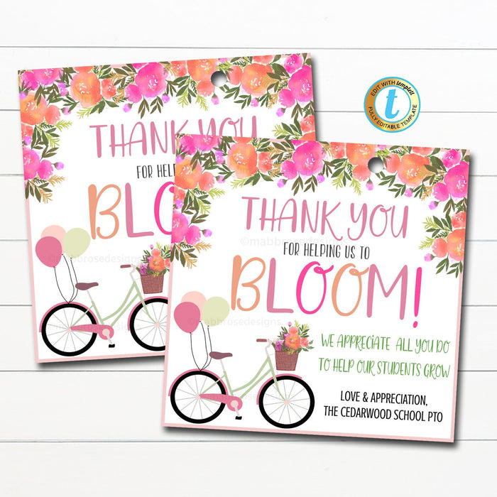 Teacher Appreciation Week Gift Tag, Appreciation Bloom Grow Floral Flowers Spring Garden Theme, Thank You Idea Printable EDITABLE TEMPLATE