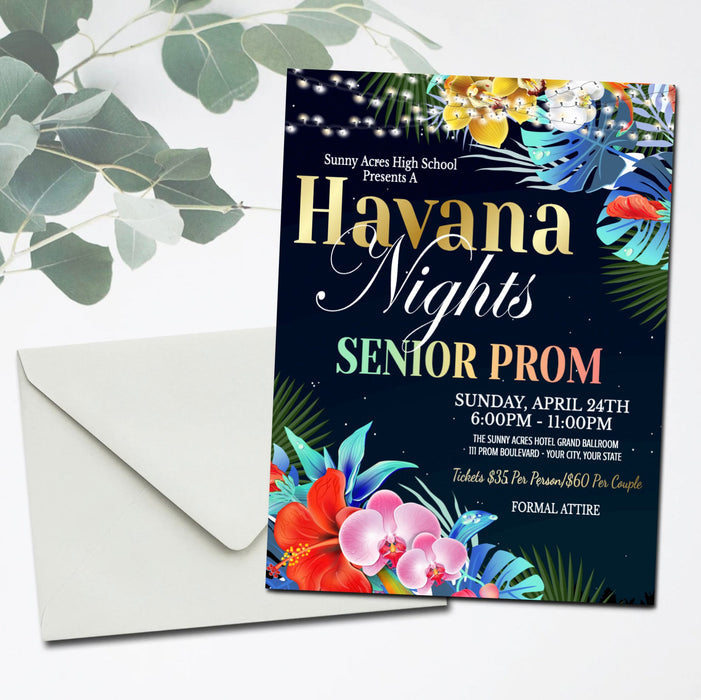 Havana Nights Prom Invite Template, Printable Editable, High School Formal Dance, Homecoming Tropical Cuban Party Theme, Senior Junior Prom