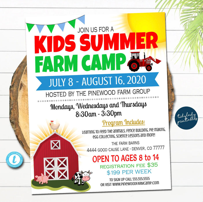 Summer Farm Camp Flyer, Kids Agriculture Animal Farm Camp, Marketing Invitation, Elementary Middle High School, Printable Editable Template