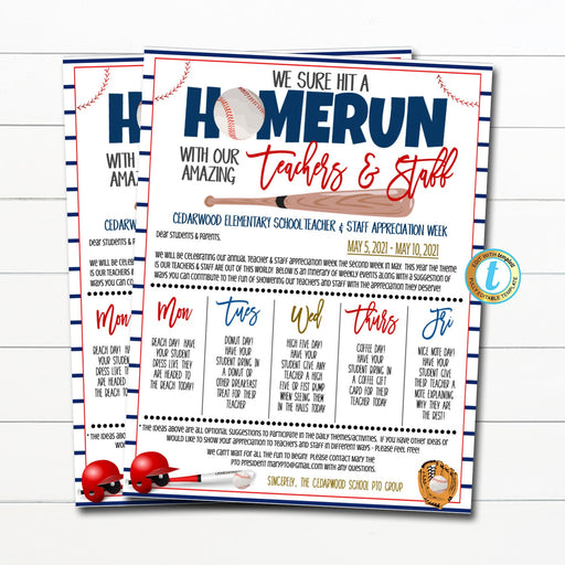 Baseball Teacher Staff Appreciation Week Itinerary Flyer, You're a Home Run Star Sports Theme, Schedule Events Printable EDITABLE TEMPLATE