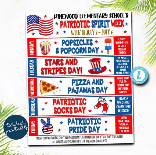 Patriotic School Spirit Week Itinerary Schedule, Daily Weekly Calendar, School Pto Pta, Kids Summer 4th of July Planner, Editable Template