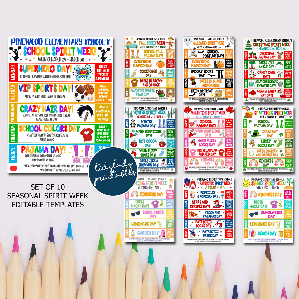 School Spirit Week Bundle Set | Seasonal Itinerary Schedules — TidyLady ...