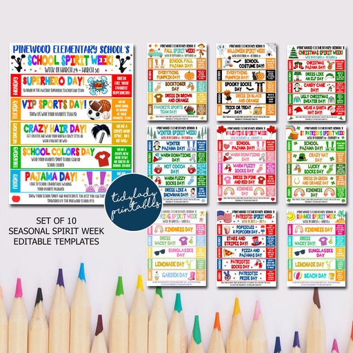 School Spirit Week Bundle Set, Seasonal Itinerary Schedules, Daily Weekly Calendar, School Pto Pta Kids Planner, Printable Editable Template