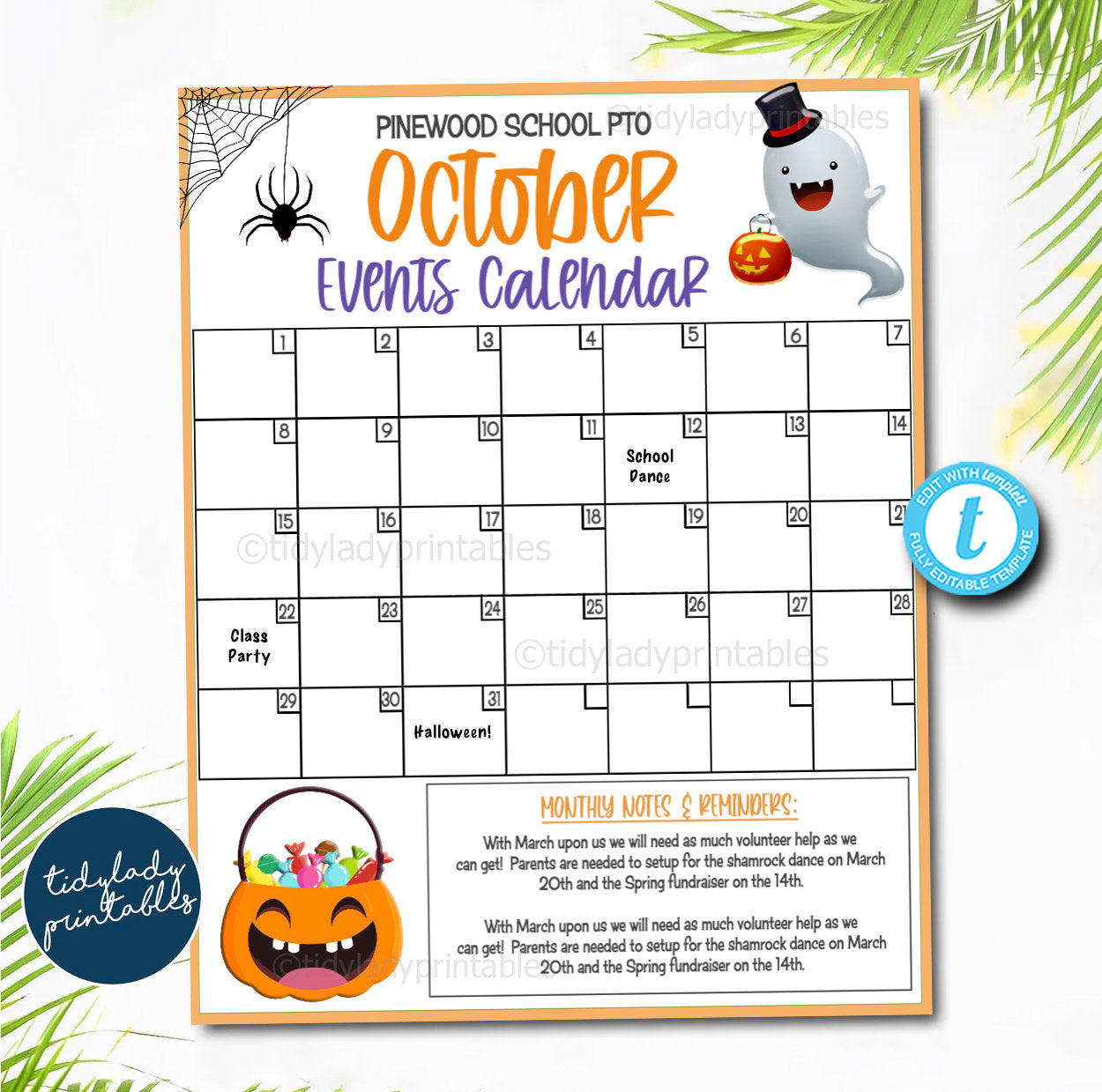 October Events Calendar Template Halloween PTO PTA Printable