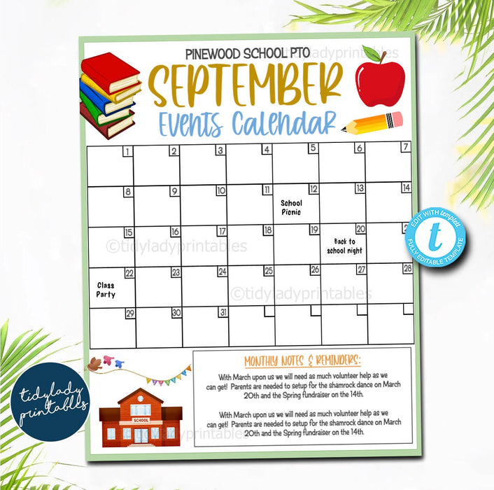 EDITABLE September Events Calendar, Back to School PTO PTA Printable Handout, School Fundraiser Event Volunteer, Seasonal Organizer Template