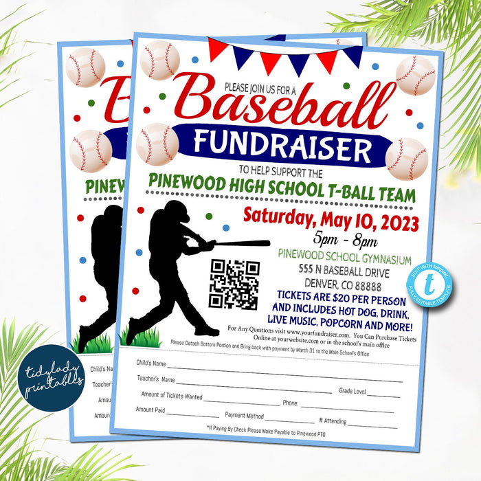 EDITABLE Baseball Fundraiser Flyer, Printable PTA PTO Flyer, School Benefit Fundraiser Event Poster Digital Party, Little League Invitation