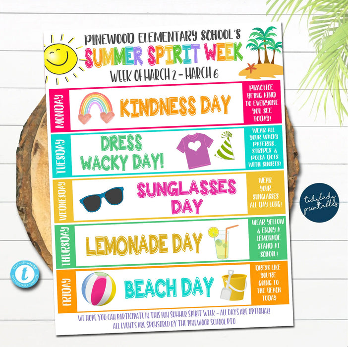 Summer School Spirit Week Itinerary Schedule, Daily Weekly Calendar, School Pto Pta, Elementary Kids Summer June Planner, Editable Template