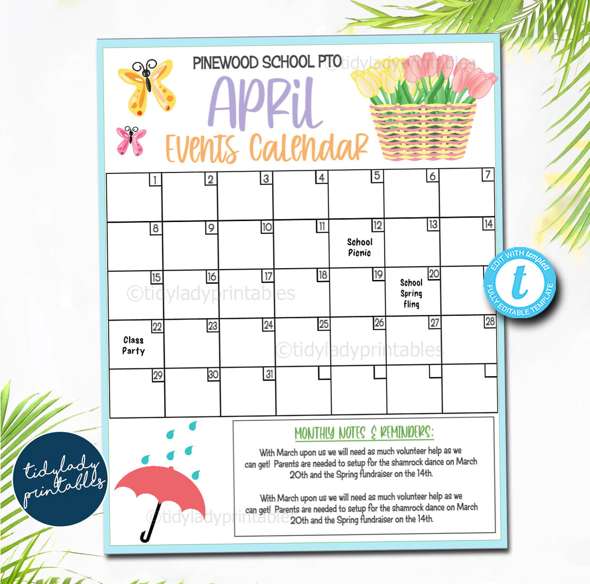 April PTO PTA Events Calendar, Spring School Fundraiser Event — TidyLady Printables april-pto-pta-events-calendar-spring-school-fundraiser-event-tidylady-printables