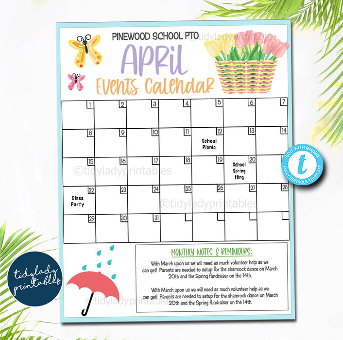 EDITABLE April Events Calendar, Spring PTO PTA Printable Handout, School Fundraiser Event Volunteer, Seasonal Organizer Template