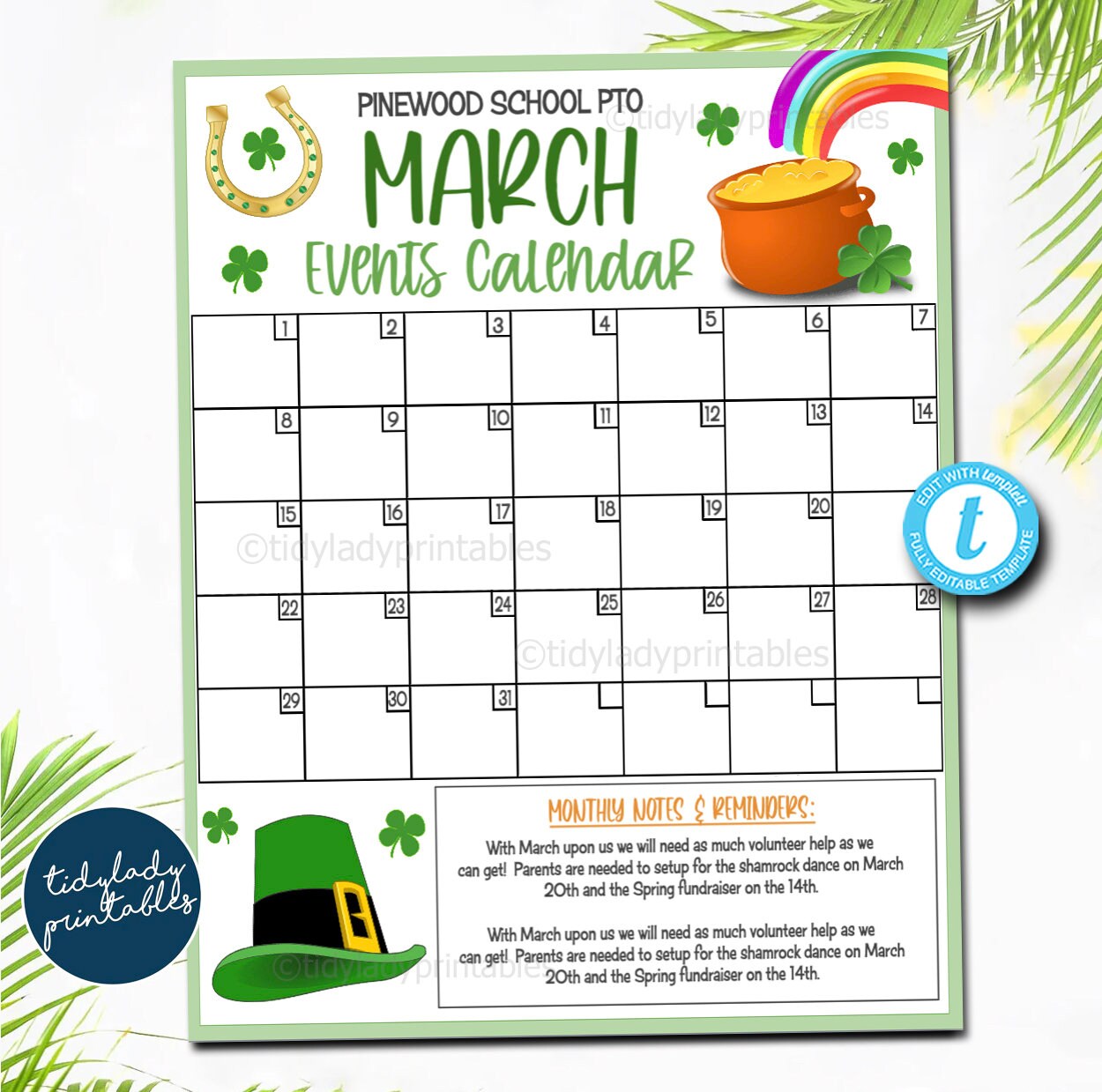 Spring March Events Calendar, PTO PTA School Fundraiser Event ...