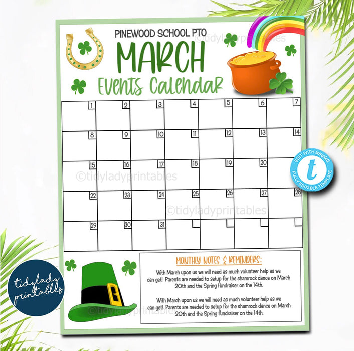 EDITABLE March Events Calendar, Spring PTO PTA Printable Handout, School Fundraiser Event Volunteer, Seasonal Organizer Template