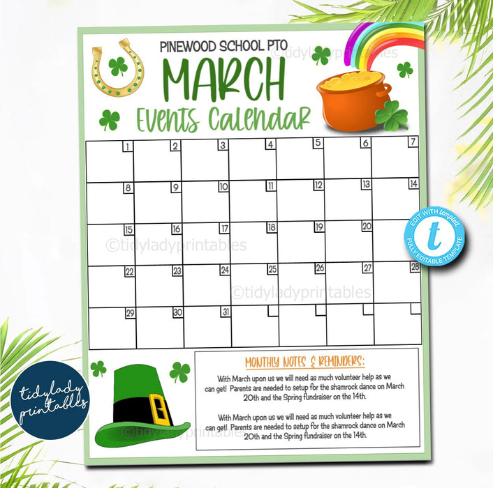 Spring March Events Calendar, PTO PTA School Fundraiser Event — TidyLady Printables spring-march-events-calendar-pto-pta-school-fundraiser-event-tidylady-printables