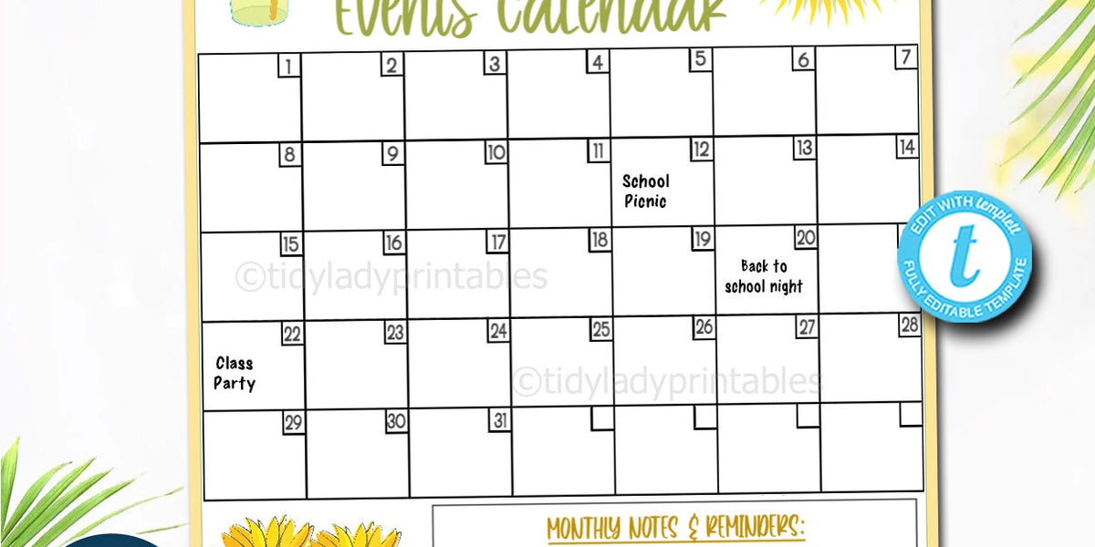 Editable August Events Calendar | School Year Fundraiser Event — TidyLady  Printables