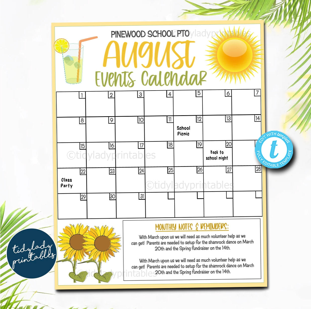 Editable August Events Calendar School Year Fundraiser Event