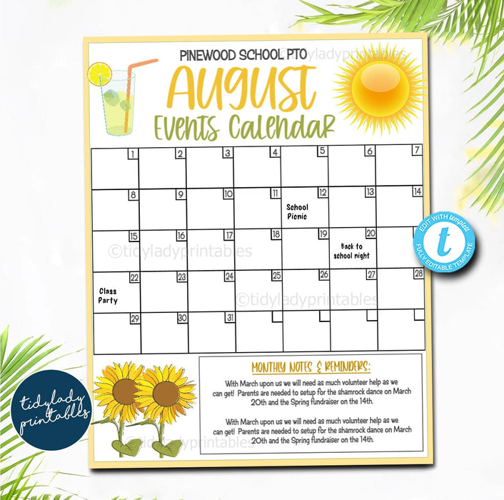 Editable August Events Calendar | School Year Fundraiser Event — TidyLady Printables editable-august-events-calendar-school-year-fundraiser-event-tidylady-printables