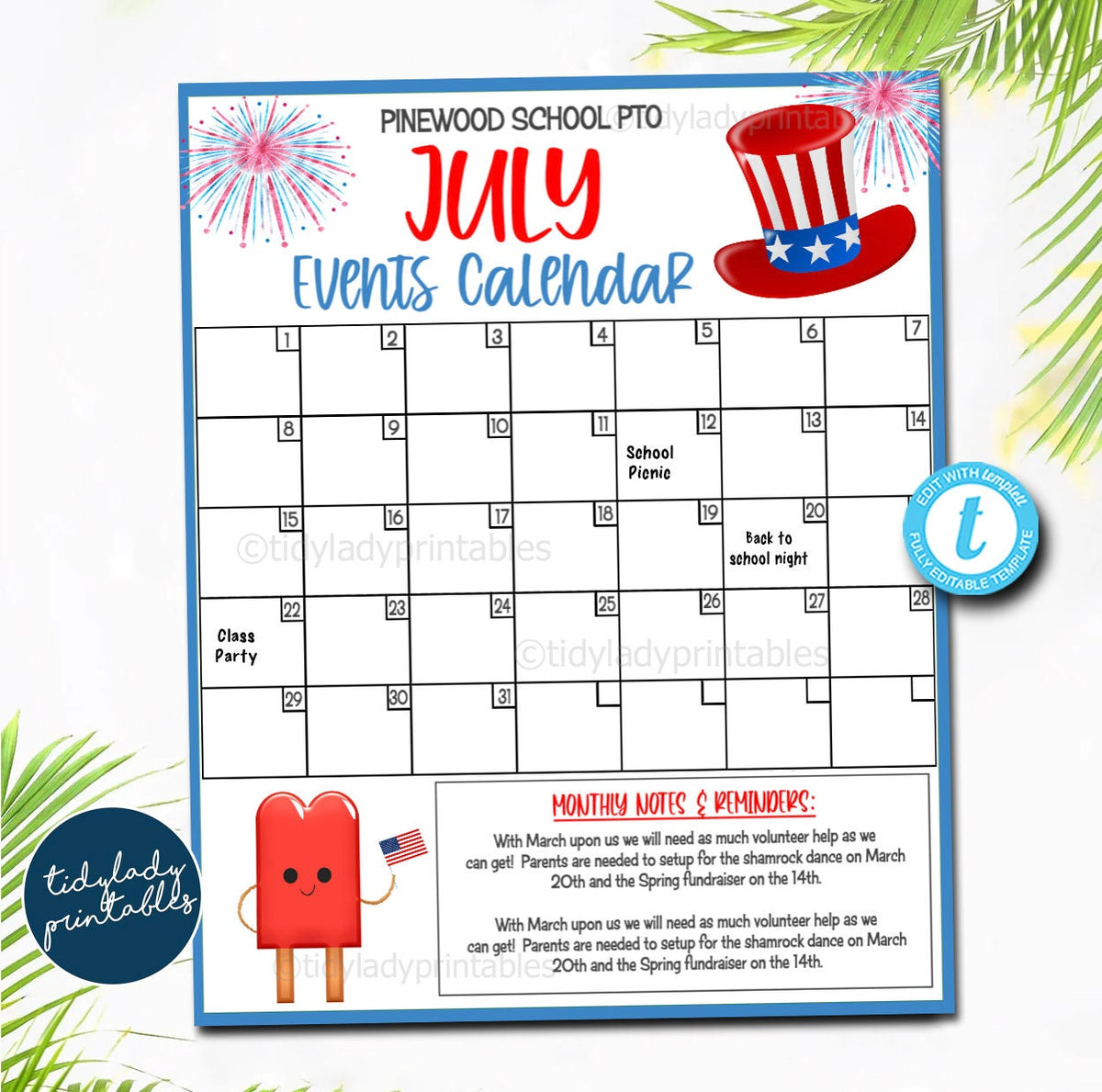 July Events Calendar PTO Printable Handout TidyLady Printables july-events-calendar-pto-printable-handout-tidylady-printables
