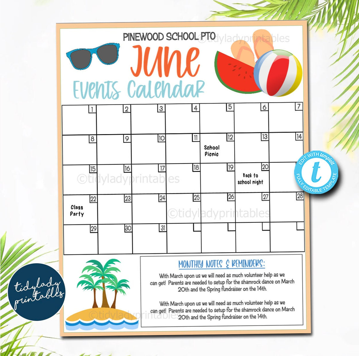 Editable June Events Calendar | Summer PTO PTA Printable Handout — TidyLady Printables editable-june-events-calendar-summer-pto-pta-printable-handout-tidylady-printables
