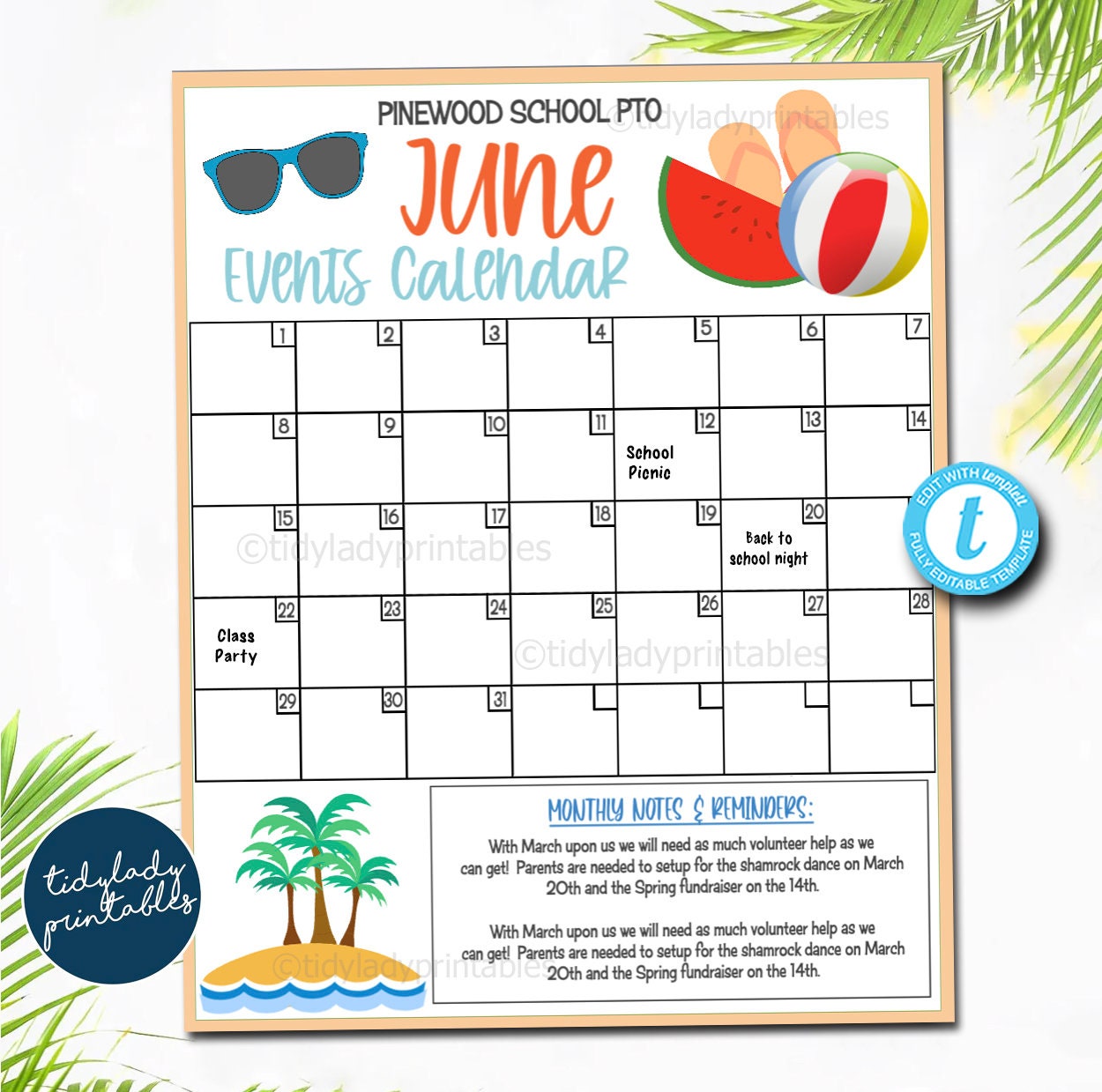 Editable June Events Calendar | Summer PTO PTA Printable Handout ...