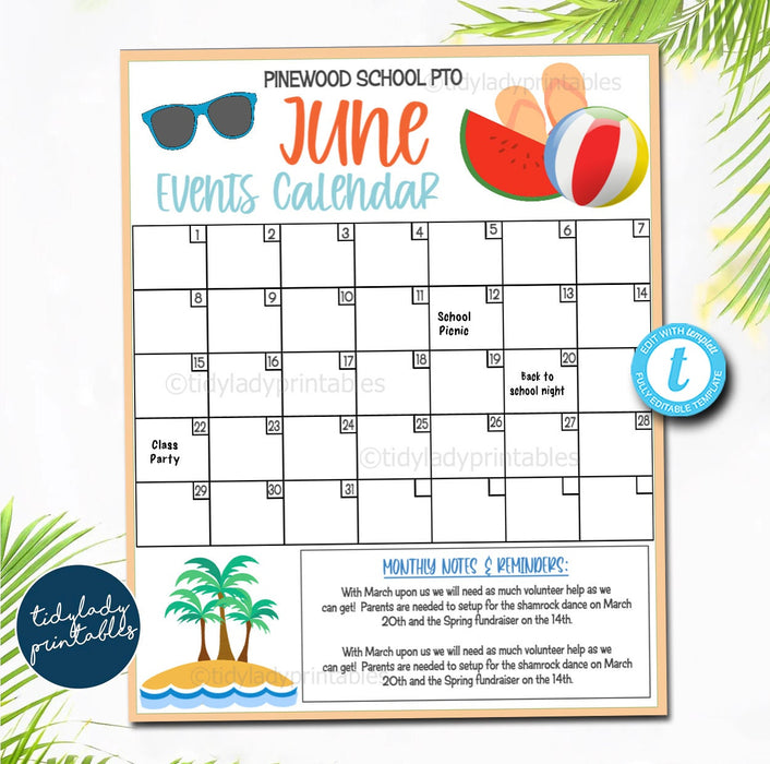 Editable June Events Calendar | Summer PTO PTA Printable Handout ...
