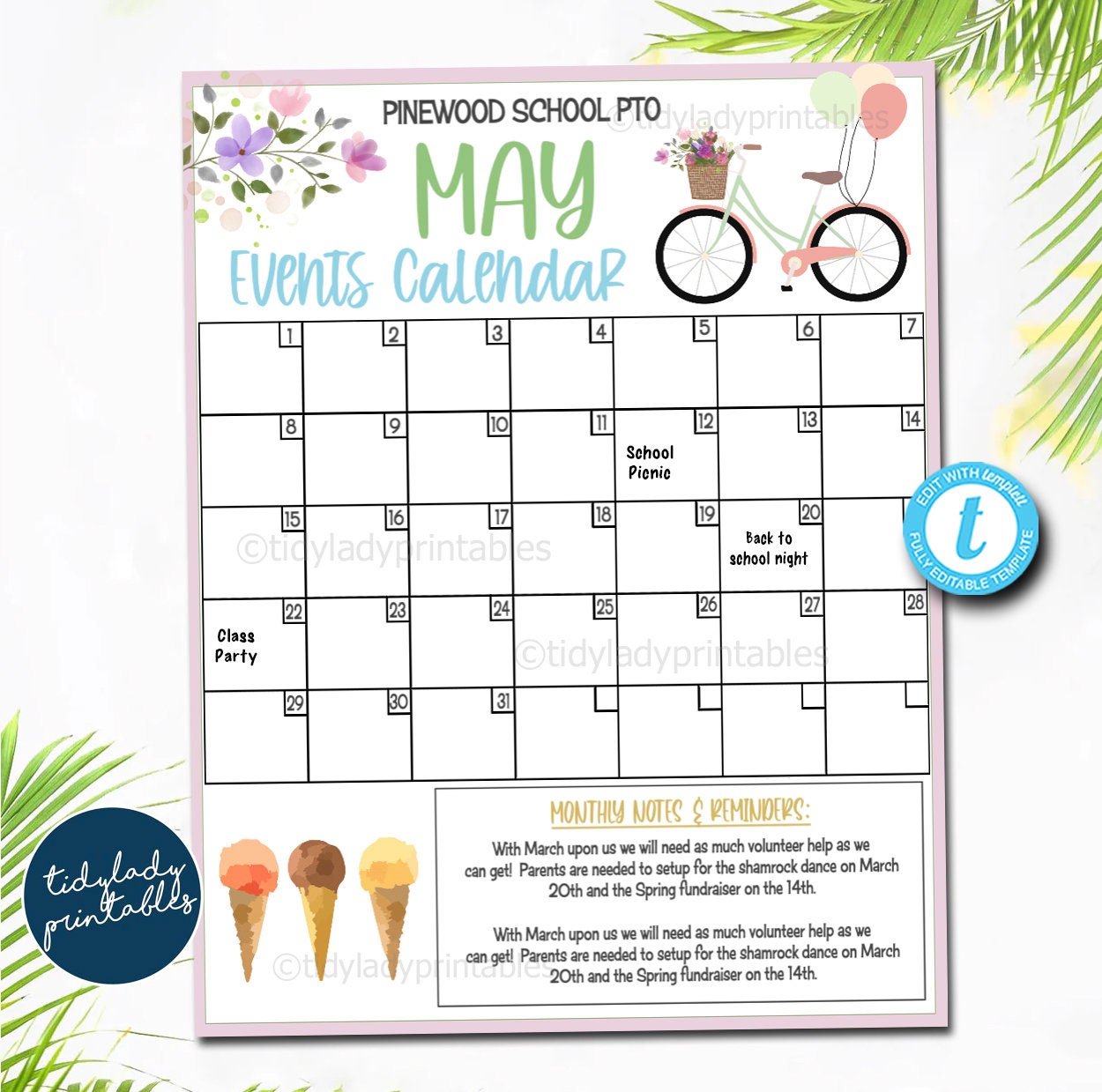 Editable May Events Calendar School Fundraiser Event — TidyLady