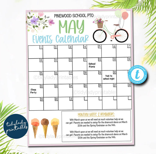 EDITABLE May Events Calendar, Spring PTO PTA Printable Handout, School Fundraiser Event Volunteer, Seasonal Organizer Template