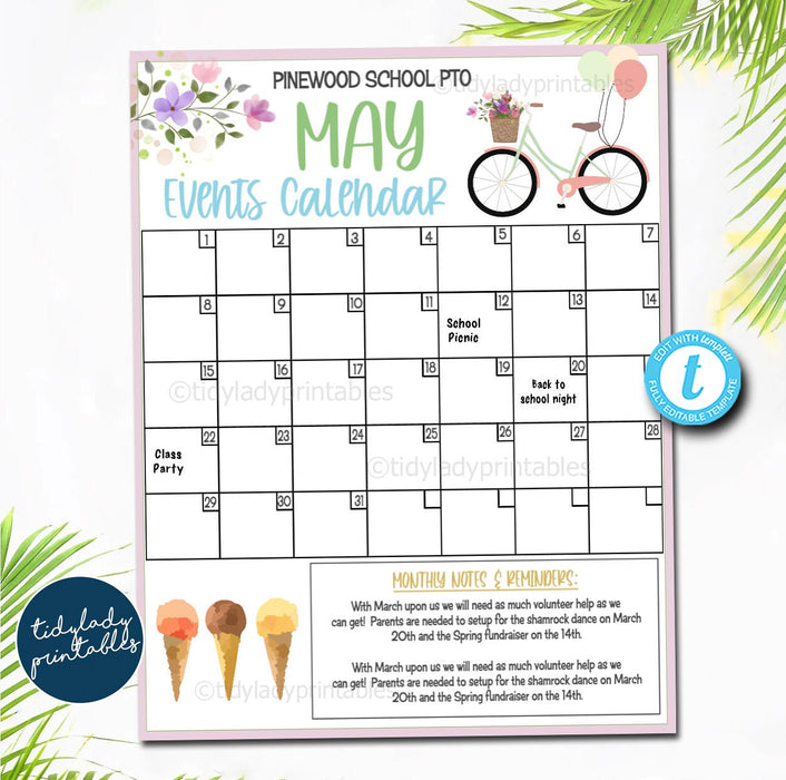 Editable May Events Calendar | School Fundraiser Event — TidyLady Printables editable-may-events-calendar-school-fundraiser-event-tidylady-printables