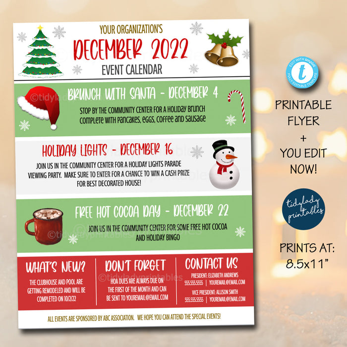 December Events Newsletter Flyer, School Pto Pta Printable, HOA Neighborhood Community Happenings Email Communication, EDITABLE Template