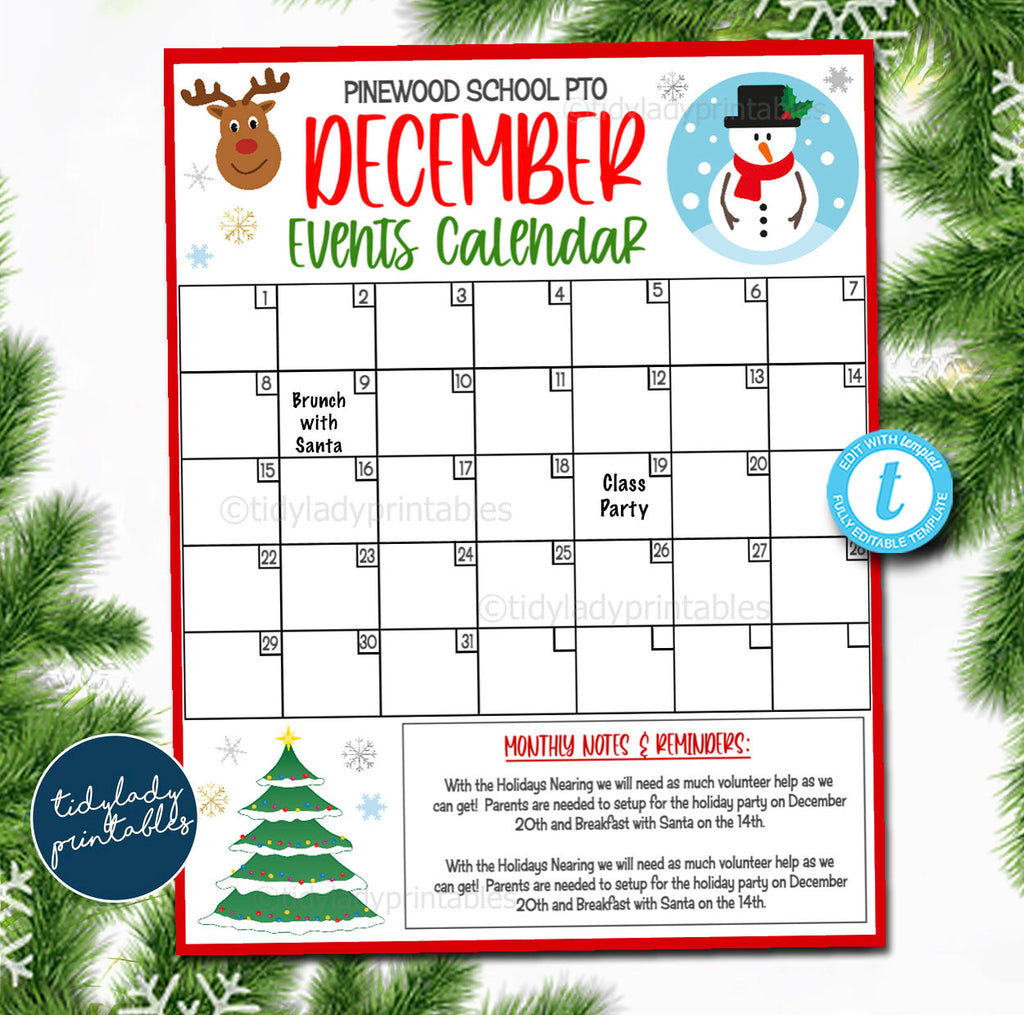 December Events Calendar, Christmas PTO PTA Fundraiser Handout — TidyLady  Printables