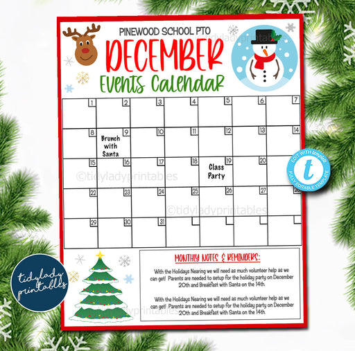 EDITABLE December Events Calendar, Thanksgiving PTO PTA Printable Handout School Year Fundraiser Event Volunteer Seasonal Organizer Template