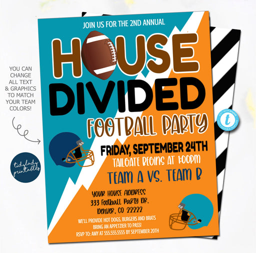 Football House Divided Tailgate Party Invitation, Football Party template, Pregame Any Team Sports, Fall Invite, Autumn Celebration EDITABLE