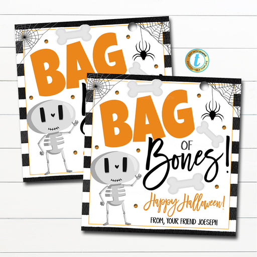 Halloween Gift Tags, Skeleton Bag of Bones Favor Tags, Kids Trick or Treat Trunk or Treat Halloween Birthday Favor Tags, Editable Template