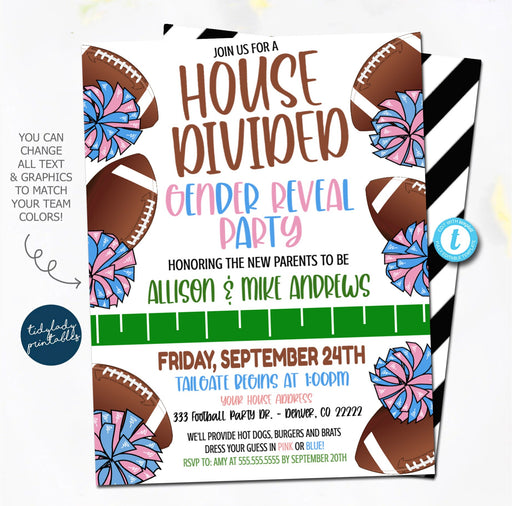 Football Gender Reveal Invitation, Team Blue or Team Pink House Divided BBQ, Tailgate and Celebrate, Coed Couples Shower, EDITABLE TEMPLATE