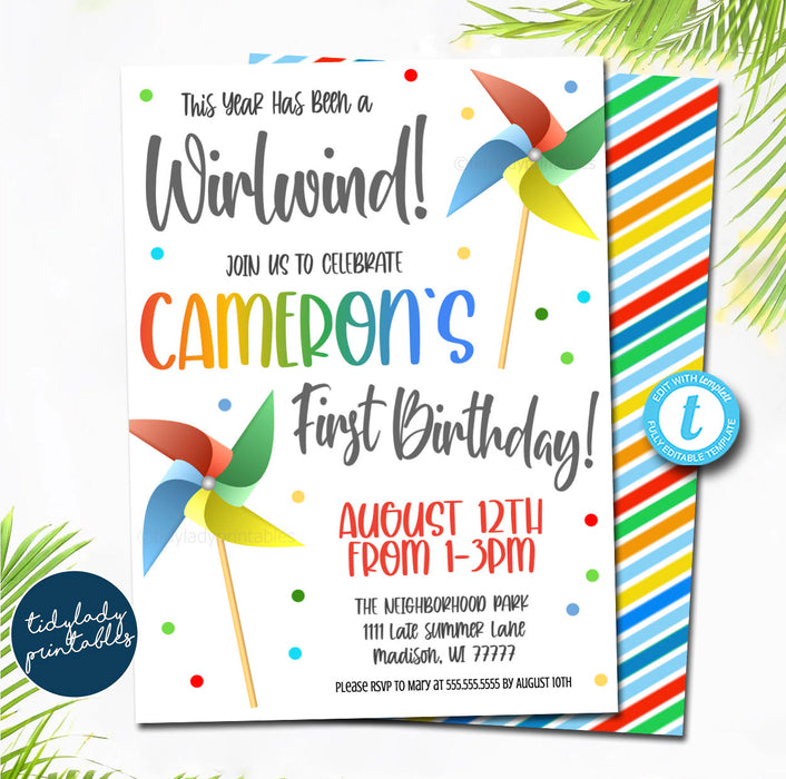 Pinwheel Birthday Party Printable Invitation, Kids Primary Toy Invite, Summer Birthday Party, Kids Simple Park Party, EDITABLE TEMPLATE