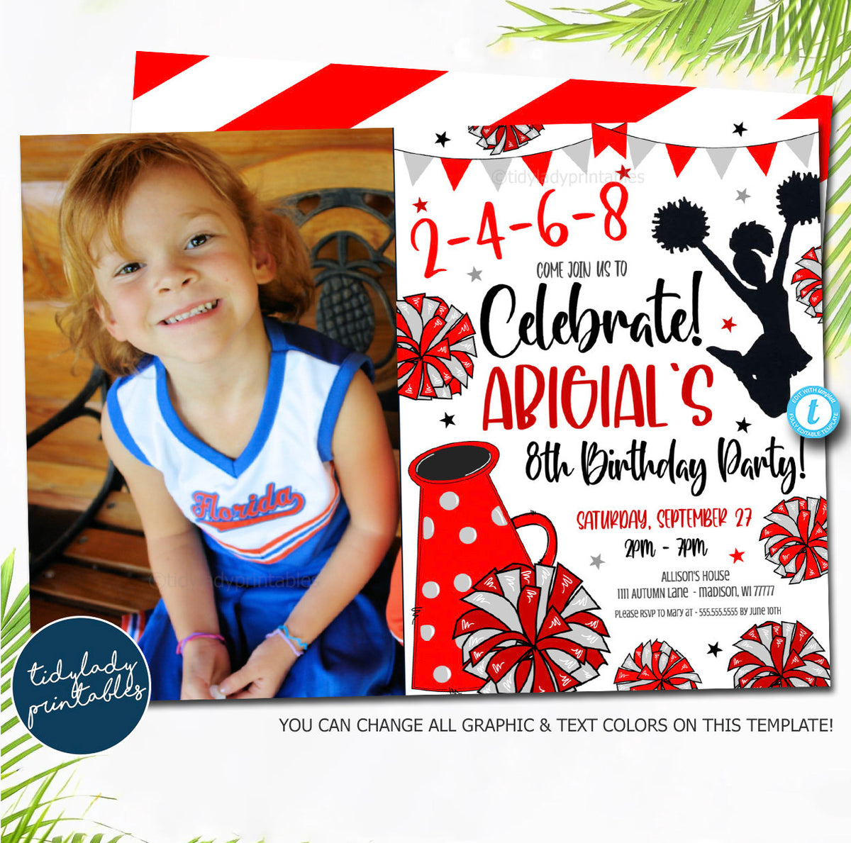 Girl Cheerleader Invite, Kids Cheer Birthday Party Invitation — TidyLady Printables girl-cheerleader-invite-kids-cheer-birthday-party-invitation-tidylady-printables