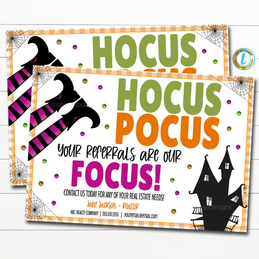Halloween Realtor Postcard Mailer, Hocus Pocus Referrals Are Our Focus, Sweet Real Estate Deal, Fall Marketing Pop By, DIY Editable Template