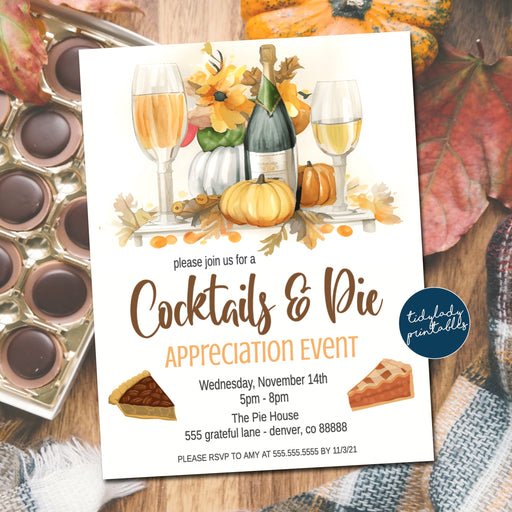 Pie Party Invite, Editable Cocktails and Pie Party, Autumn Fall Thanksgiving Pumpkin Invitation Client Customer Employee Staff Appreciation