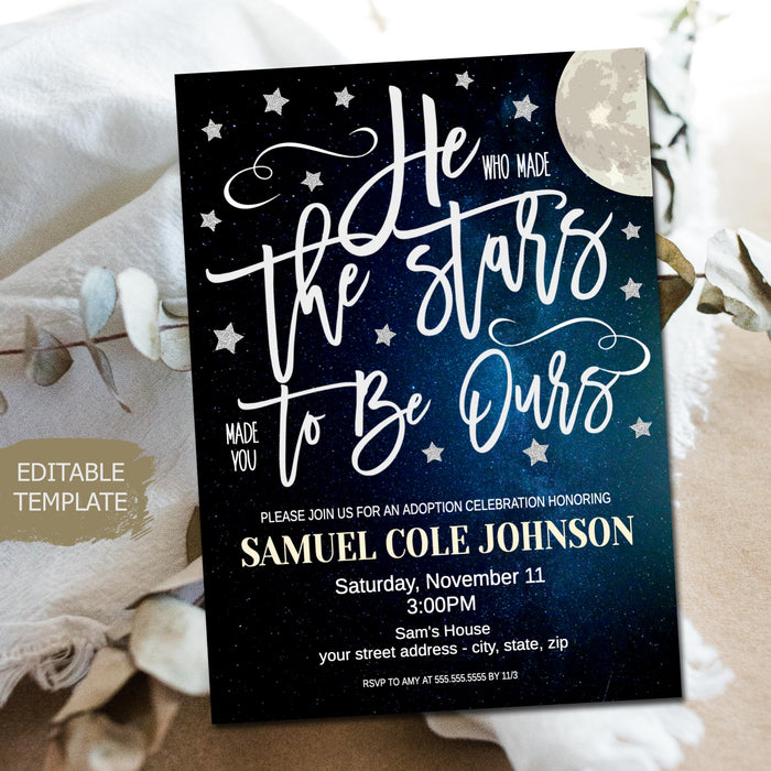 He who made the stars Editable Adoption Invite Template, Printable Editable, Religous Adoption Celebration Party Ceremony Invitation