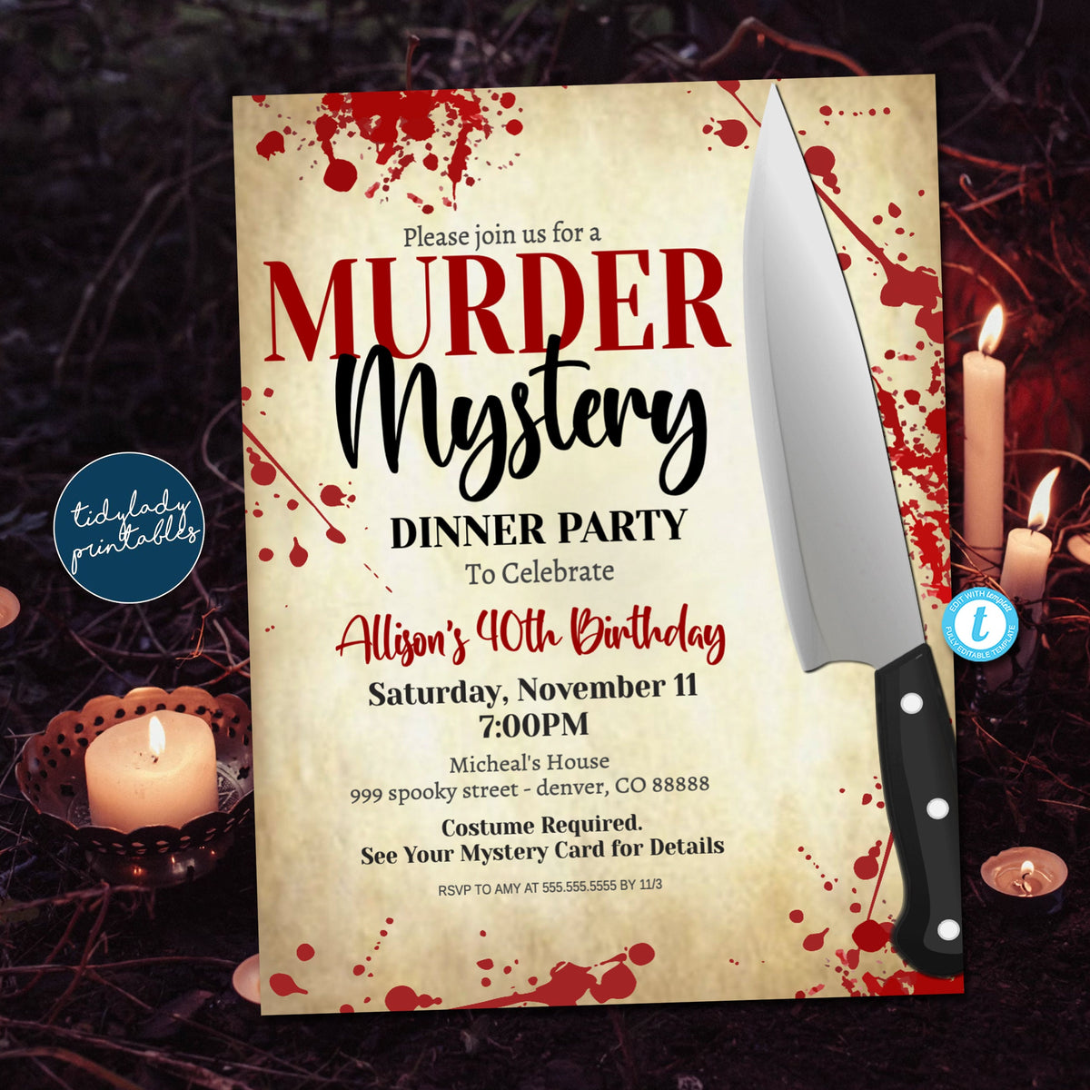 murder mystery party invitation, halloween dinner party invite