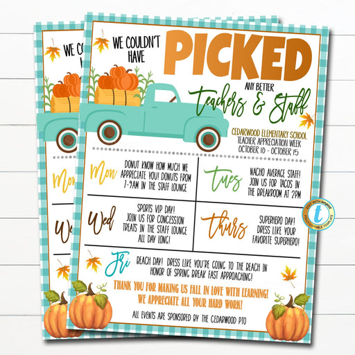 Fall Teacher Appreciation Week Itinerary Schedule, Events Calendar School Pto, Couldn't Have Picked Better Teachers Staff Pumpkin, EDITABLE