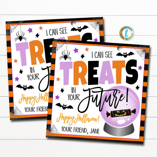 Halloween Crystal Ball Gift Tags, Printable Trick or Treat Favor Tags, I See Treats in Your Future Favor Tags, Kids DIY Editable Template